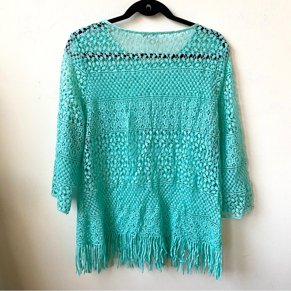 Erin London Aqua Green Lace Crochet Fringe Pullover Tunic top, size Large - Picture 6 of 7
